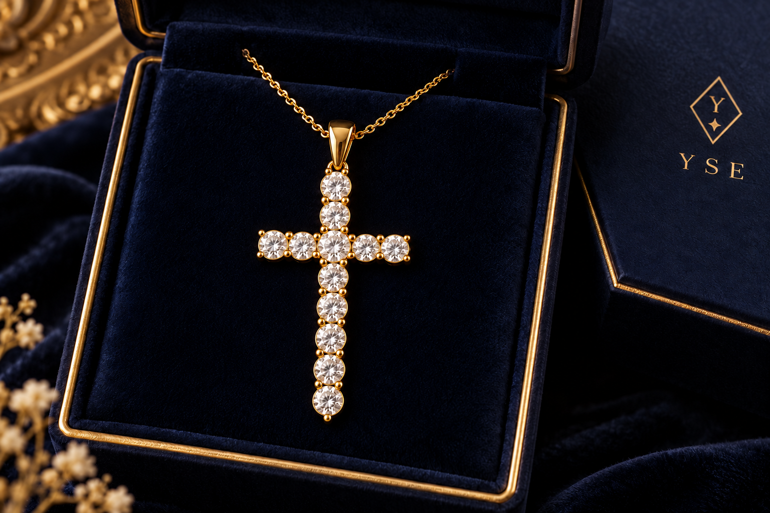 YSE gemstone cross and gold-tone chain in a navy presentation box, design concept